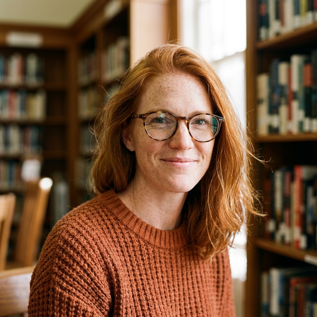 Cora Blake seated among books in her study