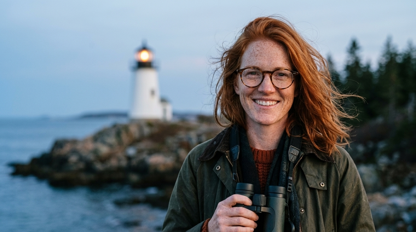 Cora Blake on the shore with a lighthouse behind her